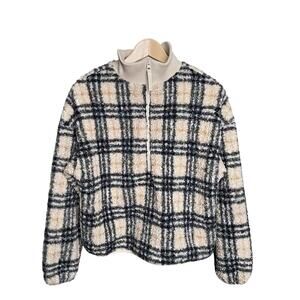 Basin and Range Sherpa Pullover Jacket Sz S Cream Black Plaid Fleece Cozy Casual